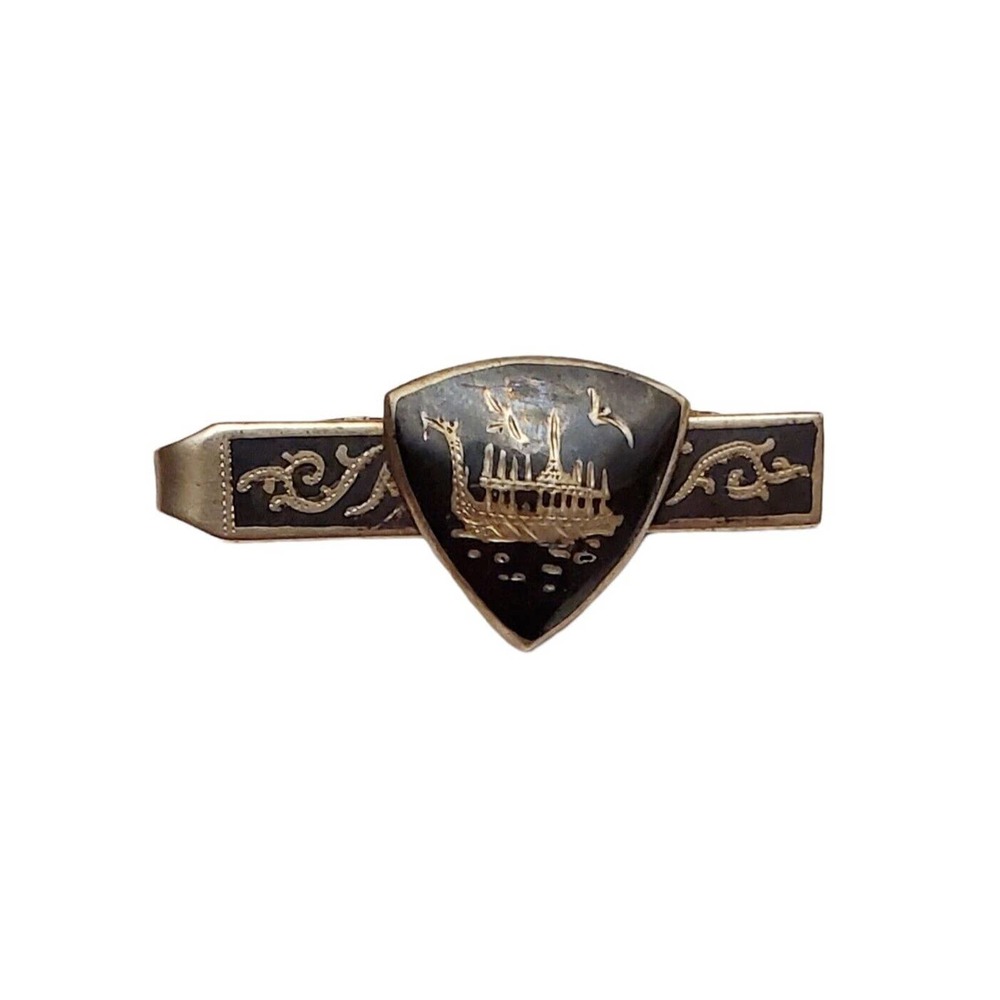 Rare MCM Sterling Silver Niello Black Enamel Siam Asian Boat Mens Tie Clip